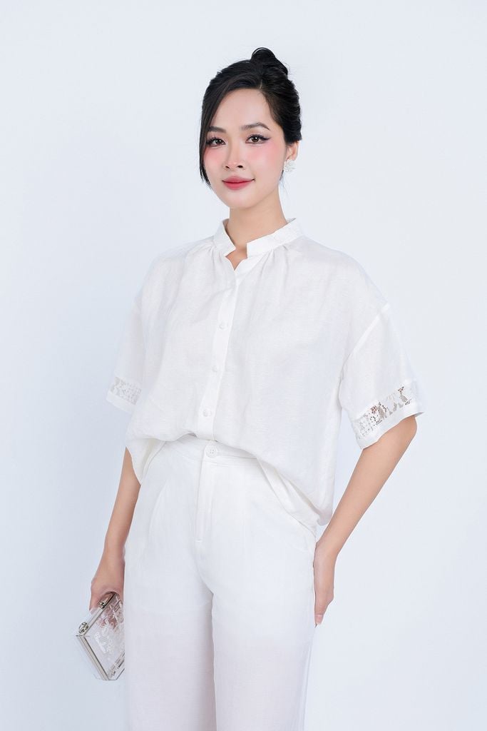 BQD33134 - Quần dài dạo phố vải Linen dáng suông gấu quần phối ren hoa tạo kiểu khóa thân trước - PANTIO