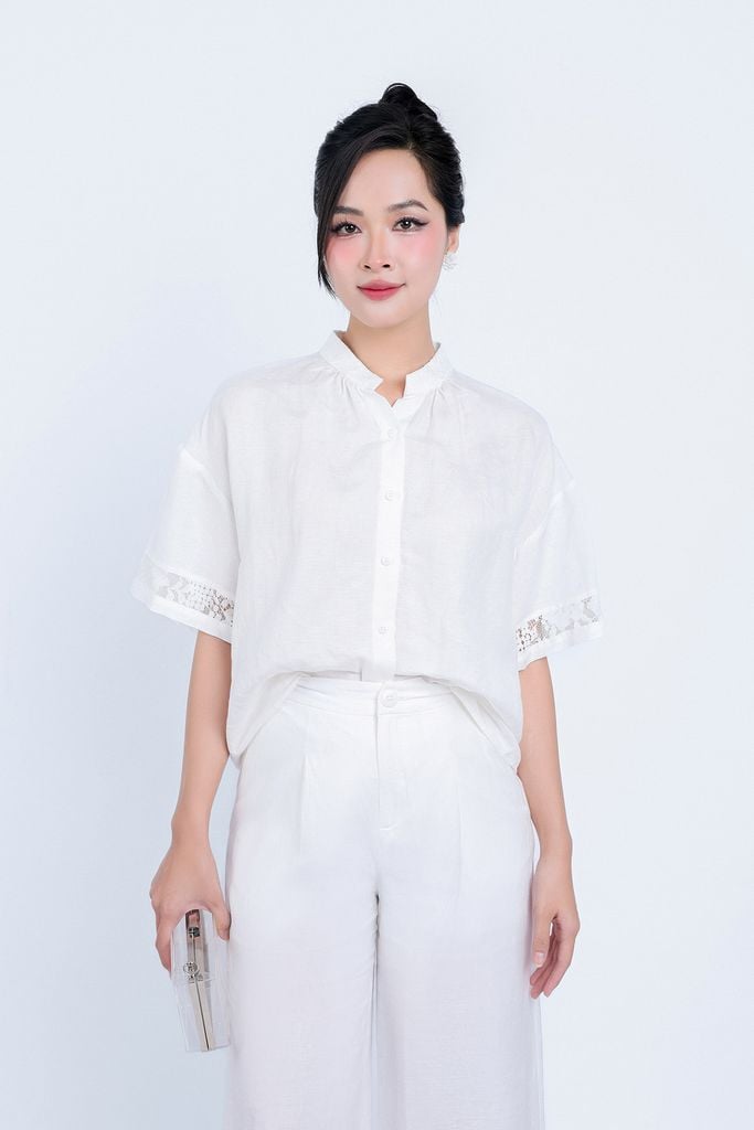 BQD33134 - Quần dài dạo phố vải Linen dáng suông gấu quần phối ren hoa tạo kiểu khóa thân trước - PANTIO