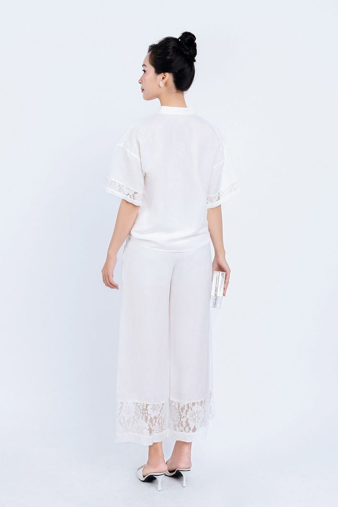 BQD33134 - Quần dài dạo phố vải Linen dáng suông gấu quần phối ren hoa tạo kiểu khóa thân trước - PANTIO