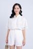 BAS33134 - Áo kiểu dạo phố vải Linen dáng suông cổ tàu phối ren tạo kiểu tay loe - PANTIO