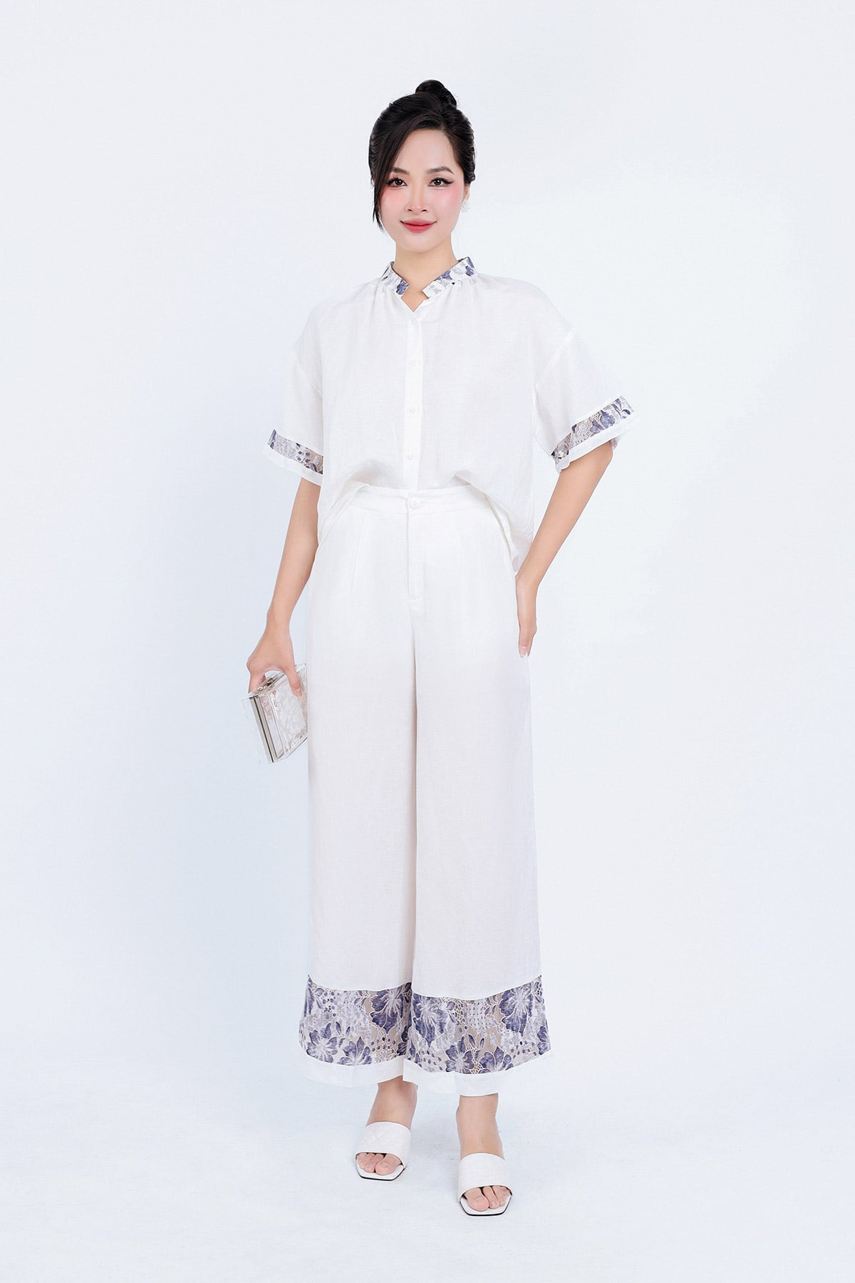 BQD33134 - Quần dài dạo phố vải Linen dáng suông gấu quần phối ren hoa tạo kiểu khóa thân trước - PANTIO