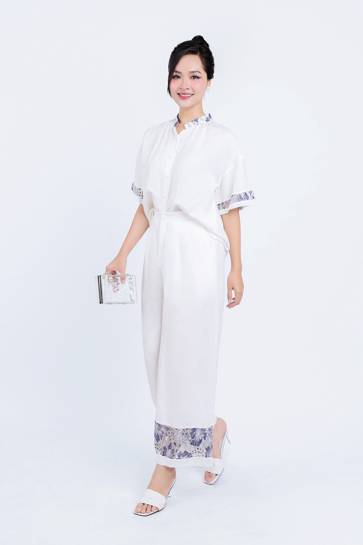 BQD33134 - Quần dài dạo phố vải Linen dáng suông gấu quần phối ren hoa tạo kiểu khóa thân trước - PANTIO