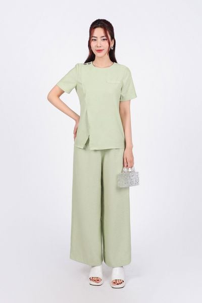 BAS33142 - Áo kiểu dạo phố vải thô đũi dáng suông cổ tròn vai đính khuy kim loại trang trí tay cộc thân áo xẻ tà lệch - PANTIO