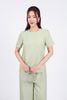 BAS33142 - Áo kiểu dạo phố vải thô đũi dáng suông cổ tròn vai đính khuy kim loại trang trí tay cộc thân áo xẻ tà lệch - PANTIO