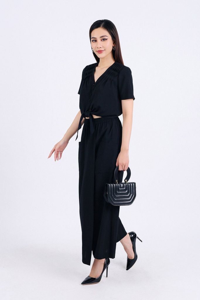 BQL33147 - Quần lửng dạo phố vải thô mỏng dáng suông phối vạt lệch có túi quần trang trí cạp bản chun - PANTIO