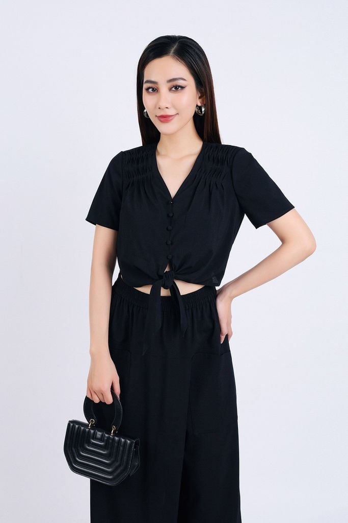 BQL33147 - Quần lửng dạo phố vải thô mỏng dáng suông phối vạt lệch có túi quần trang trí cạp bản chun - PANTIO