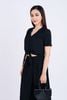 BAS33147 - Áo kiểu dạo phố vải thô mỏng cổ chữ V vai xếp nhún trang trí gấu áo buộc vạt tạo kiểu cài khuy thân trước - PANTIO