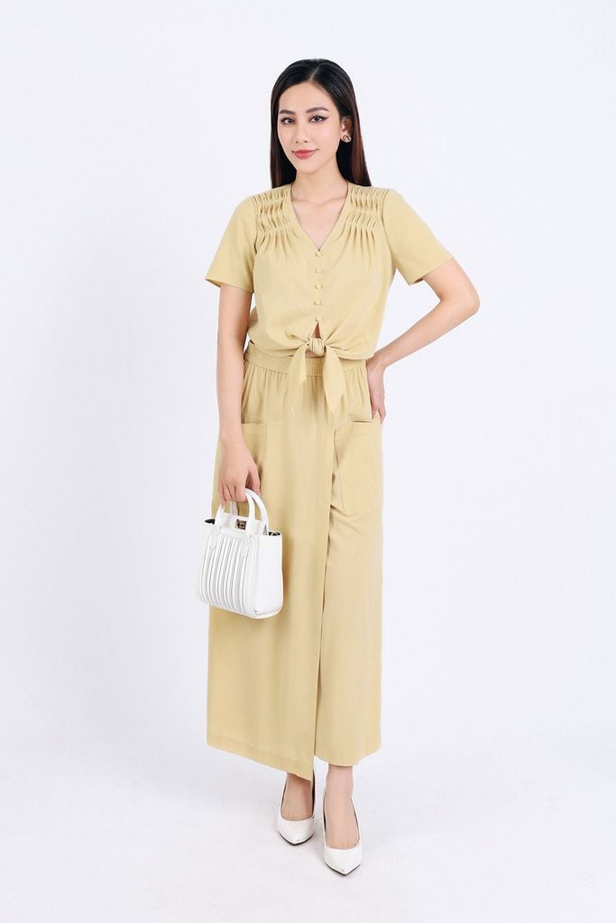BQL33147 - Quần lửng dạo phố vải thô mỏng dáng suông phối vạt lệch có túi quần trang trí cạp bản chun - PANTIO