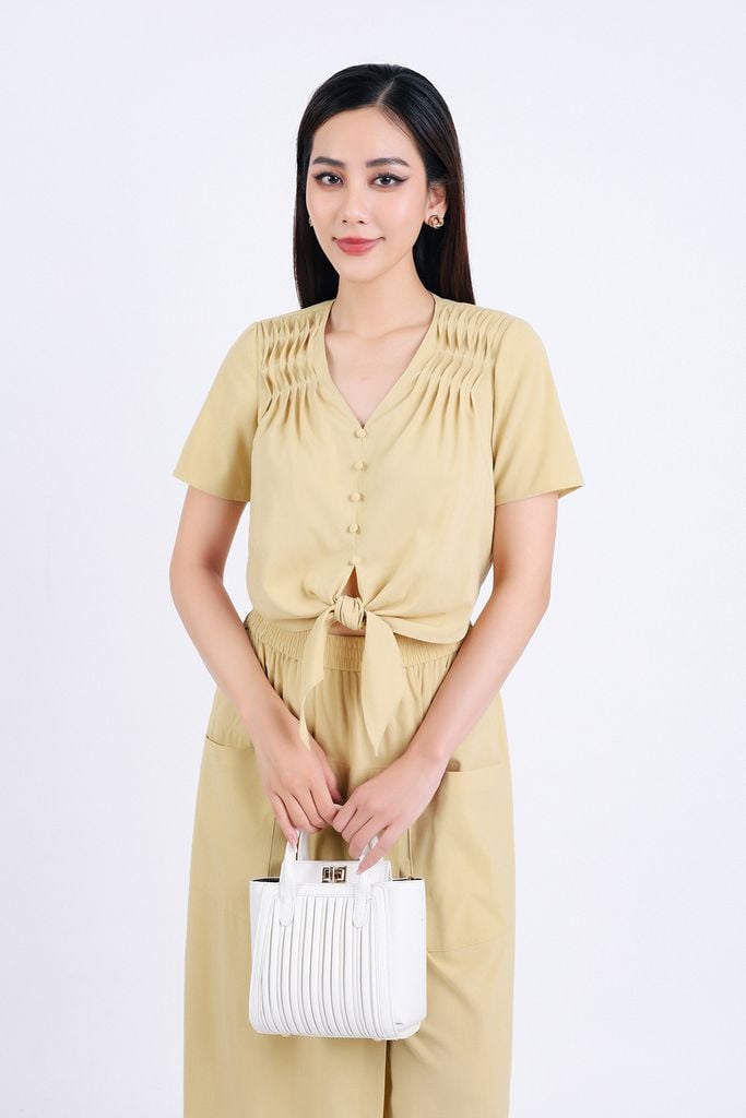 BQL33147 - Quần lửng dạo phố vải thô mỏng dáng suông phối vạt lệch có túi quần trang trí cạp bản chun - PANTIO