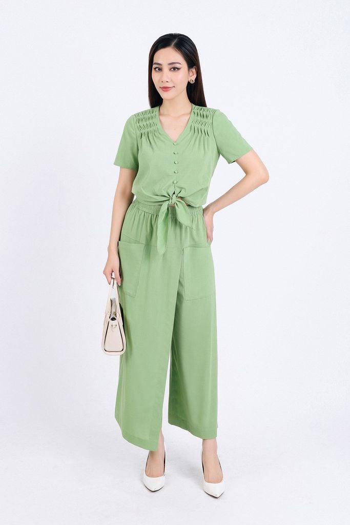 BQL33147 - Quần lửng dạo phố vải thô mỏng dáng suông phối vạt lệch có túi quần trang trí cạp bản chun - PANTIO