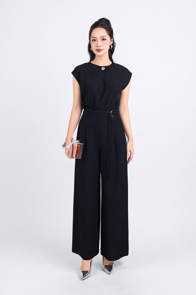 BQL33148 - Quần lửng công sở vải tuytsi dáng suông eo phối dây đai bất đối xứng khóa thân trước - PANTIO