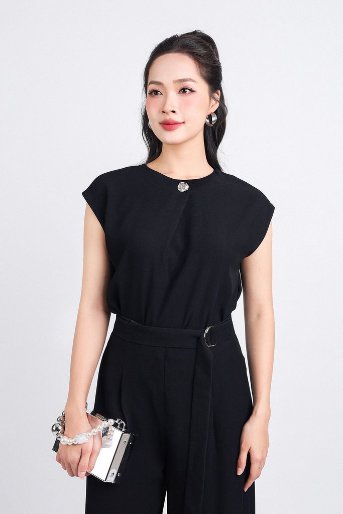 BAS33148 - Áo sơ mi kiểu dạo phố vải tuyp xy dáng suông cổ tròn vai chờm cổ áo phối khuy trang trí - PANTIO