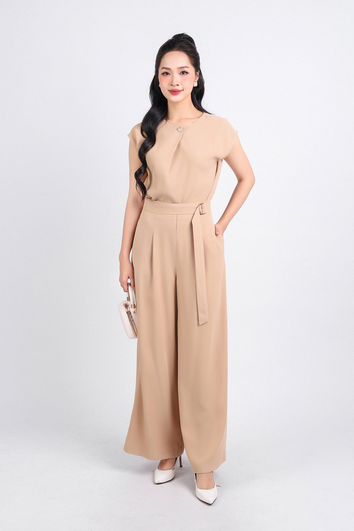 BQL33148 - Quần lửng công sở vải tuytsi dáng suông eo phối dây đai bất đối xứng khóa thân trước - PANTIO