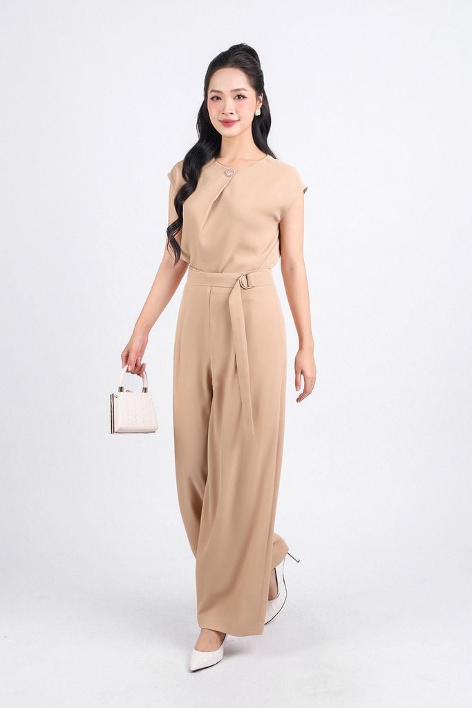 BQL33148 - Quần lửng công sở vải tuytsi dáng suông eo phối dây đai bất đối xứng khóa thân trước - PANTIO