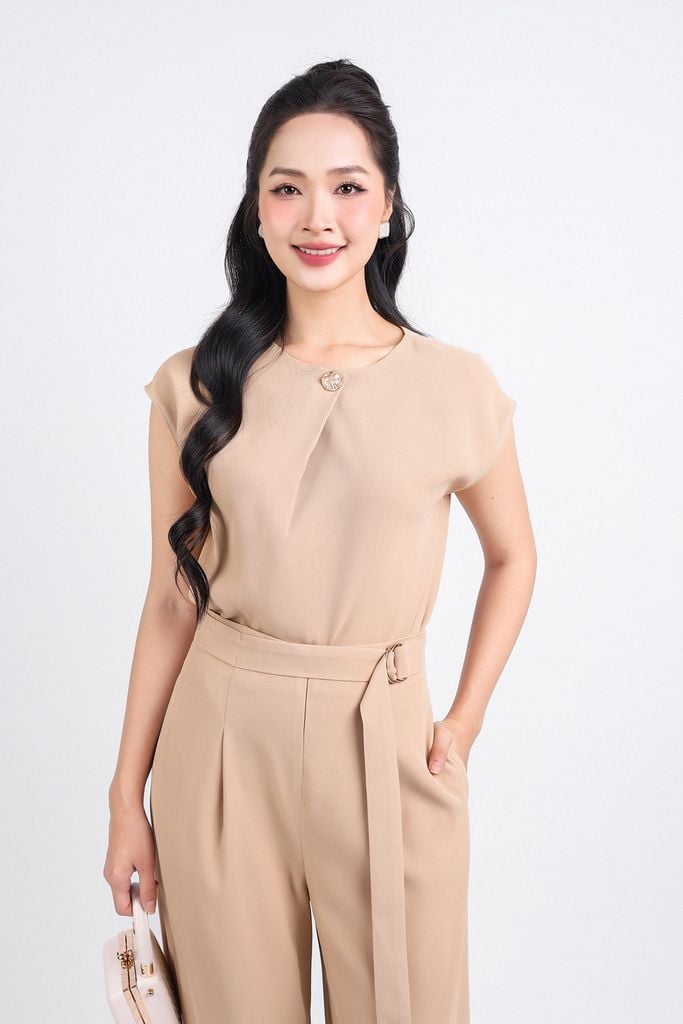 BQL33148 - Quần lửng công sở vải tuytsi dáng suông eo phối dây đai bất đối xứng khóa thân trước - PANTIO