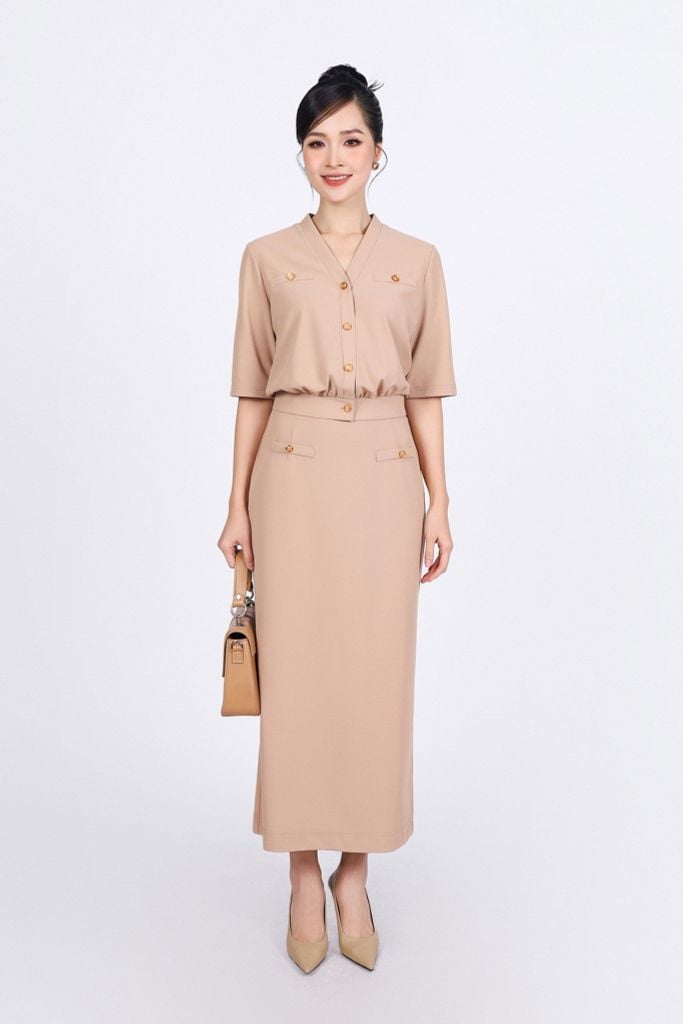BAS33151 - Áo kiểu công sở vải len dáng suông cổ xẻ V tay lửng thân áo đính khuy thời trang có nắp túi ốp tạo kiểu - PANTIO