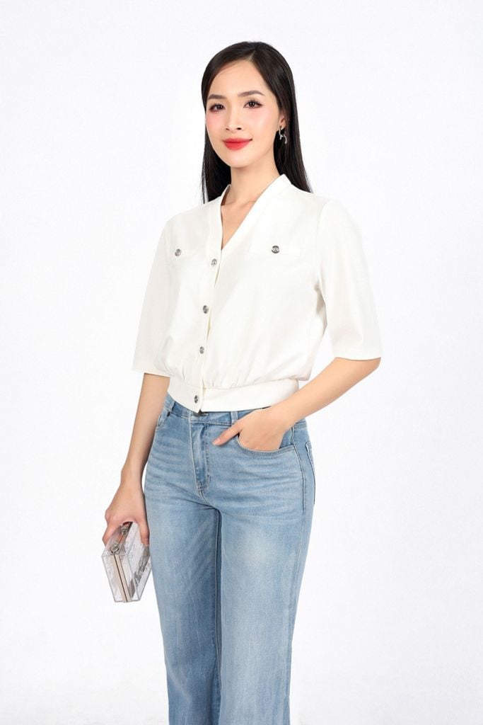 BAS33151 - Áo kiểu công sở vải len dáng suông cổ xẻ V tay lửng thân áo đính khuy thời trang có nắp túi ốp tạo kiểu - PANTIO