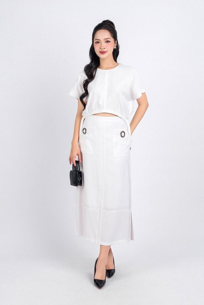 BAS33159 - Áo sơ mi kiểu dạo phố vải tuyp xy dáng lửng cổ tròn cạp bo chun thân áo phối dây trang trí - PANTIO
