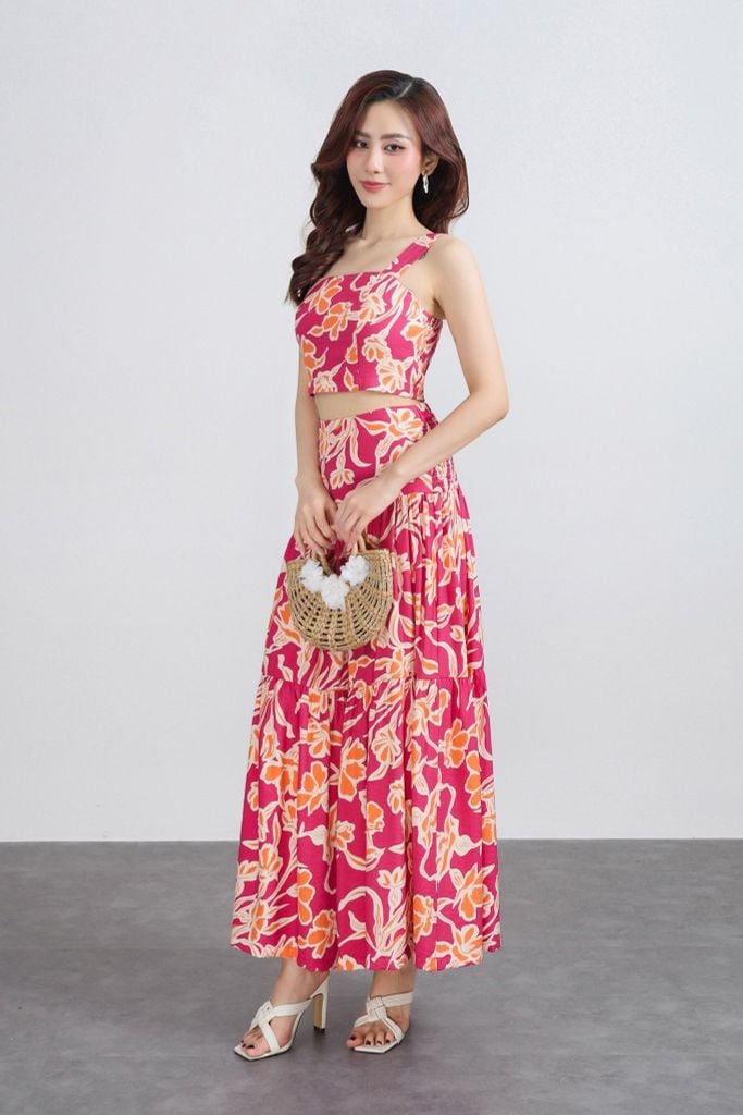 BAS33430 - Áo sơ mi dạo phố vải thô hoa dáng hai dây croptop thân sau phối chun co giãn thời trang - PANTIO