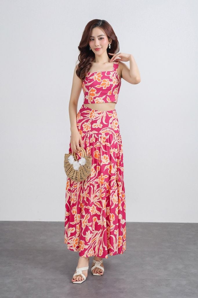 BAS33430 - Áo sơ mi dạo phố vải thô hoa dáng hai dây croptop thân sau phối chun co giãn thời trang - PANTIO