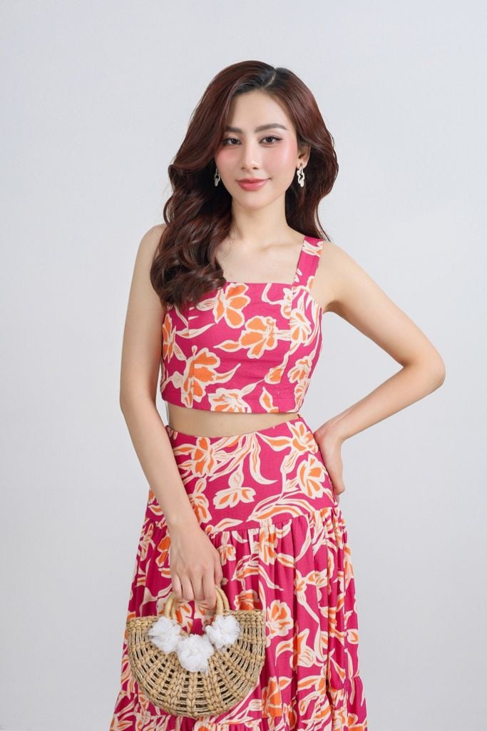 BJD33430 - Chân váy dài dạo phố vải thô hoa dáng xòe thân váy xếp tầng tạo kiểu lưng phối chun co giãn - PANTIO