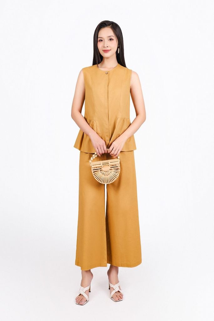 BAS33456 - Áo sơ mi kiểu vải linen dáng suông cổ tròn không tay thân áo xếp nhún tạo xoè - PANTIO