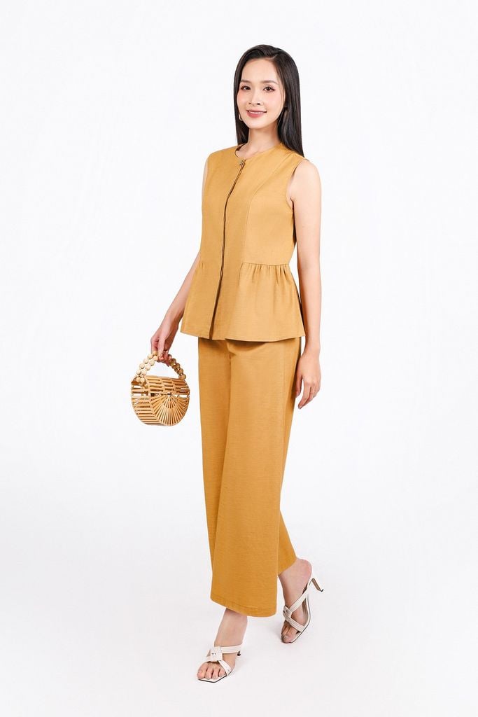 BAS33456 - Áo sơ mi kiểu vải linen dáng suông cổ tròn không tay thân áo xếp nhún tạo xoè - PANTIO