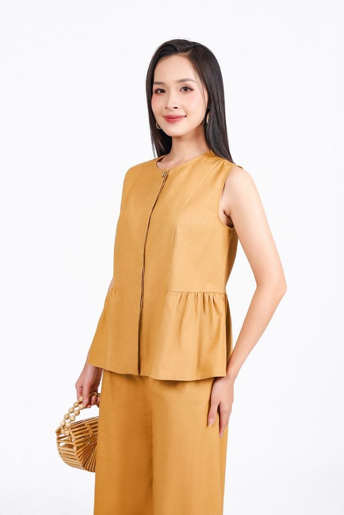 BAS33456 - Áo sơ mi kiểu vải linen dáng suông cổ tròn không tay thân áo xếp nhún tạo xoè - PANTIO