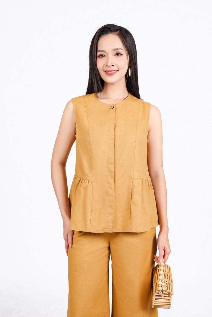 BAS33456 - Áo sơ mi kiểu vải linen dáng suông cổ tròn không tay thân áo xếp nhún tạo xoè - PANTIO
