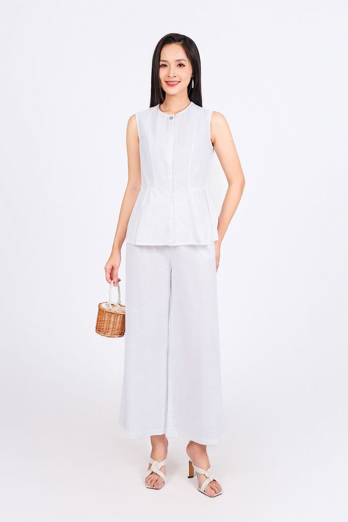 BAS33456 - Áo sơ mi kiểu vải linen dáng suông cổ tròn không tay thân áo xếp nhún tạo xoè - PANTIO