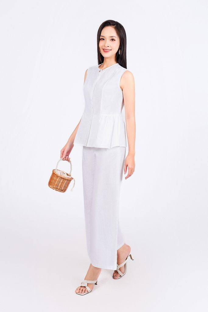 BAS33456 - Áo sơ mi kiểu vải linen dáng suông cổ tròn không tay thân áo xếp nhún tạo xoè - PANTIO