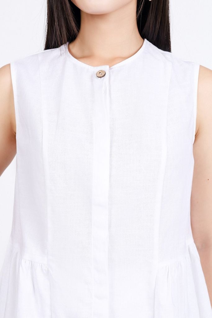 BAS33456 - Áo sơ mi kiểu vải linen dáng suông cổ tròn không tay thân áo xếp nhún tạo xoè - PANTIO