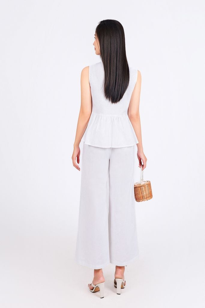 BAS33456 - Áo sơ mi kiểu vải linen dáng suông cổ tròn không tay thân áo xếp nhún tạo xoè - PANTIO