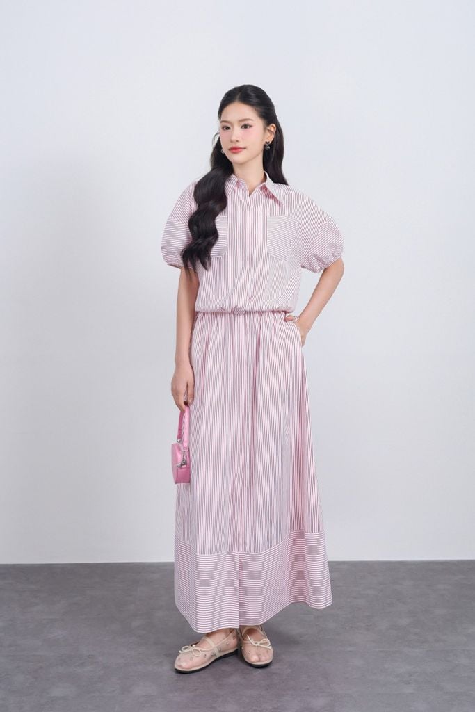 BJD33478 - Chân váy dài vải thô kẻ dáng suông cạp chun co giãn xẻ tà trước - JAN.