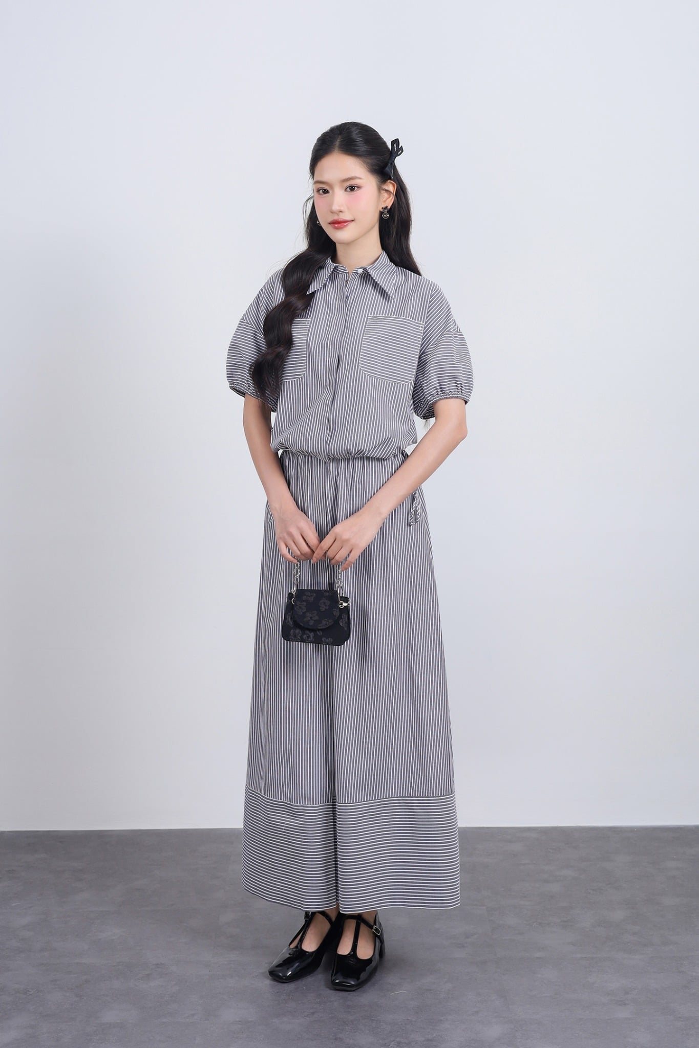 BAS33478 - Áo sơ mi vải thô kẻ dáng suông cổ đức tay bồng gấu áo phối dây rút tạo kiểu - JAN.