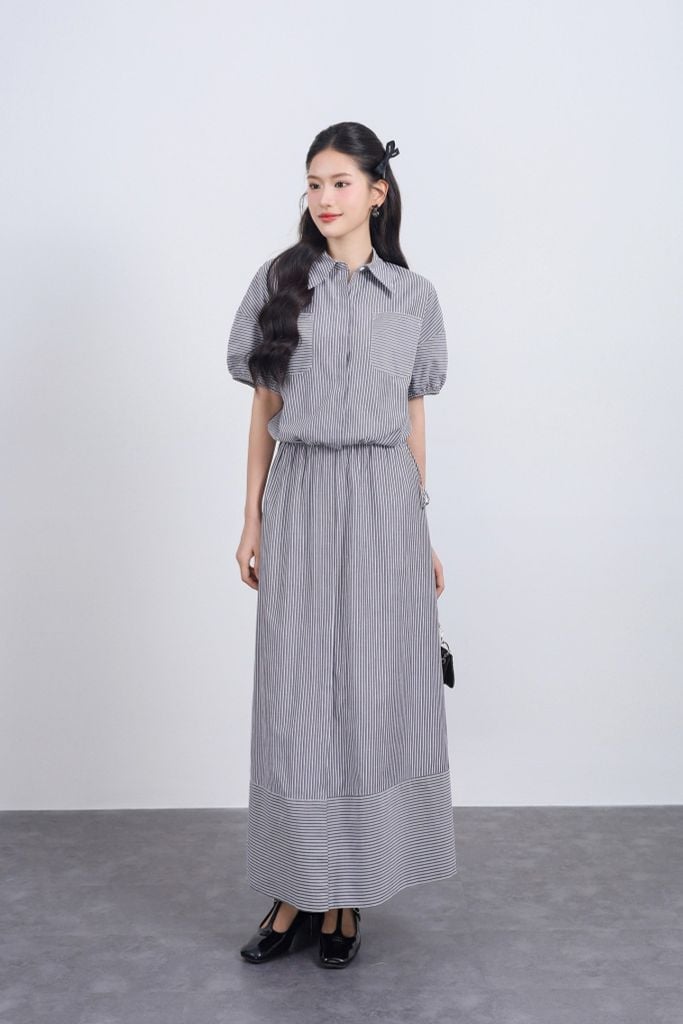 BAS33478 - Áo sơ mi vải thô kẻ dáng suông cổ đức tay bồng gấu áo phối dây rút tạo kiểu - JAN.