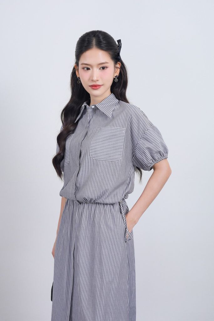 BAS33478 - Áo sơ mi vải thô kẻ dáng suông cổ đức tay bồng gấu áo phối dây rút tạo kiểu - JAN.
