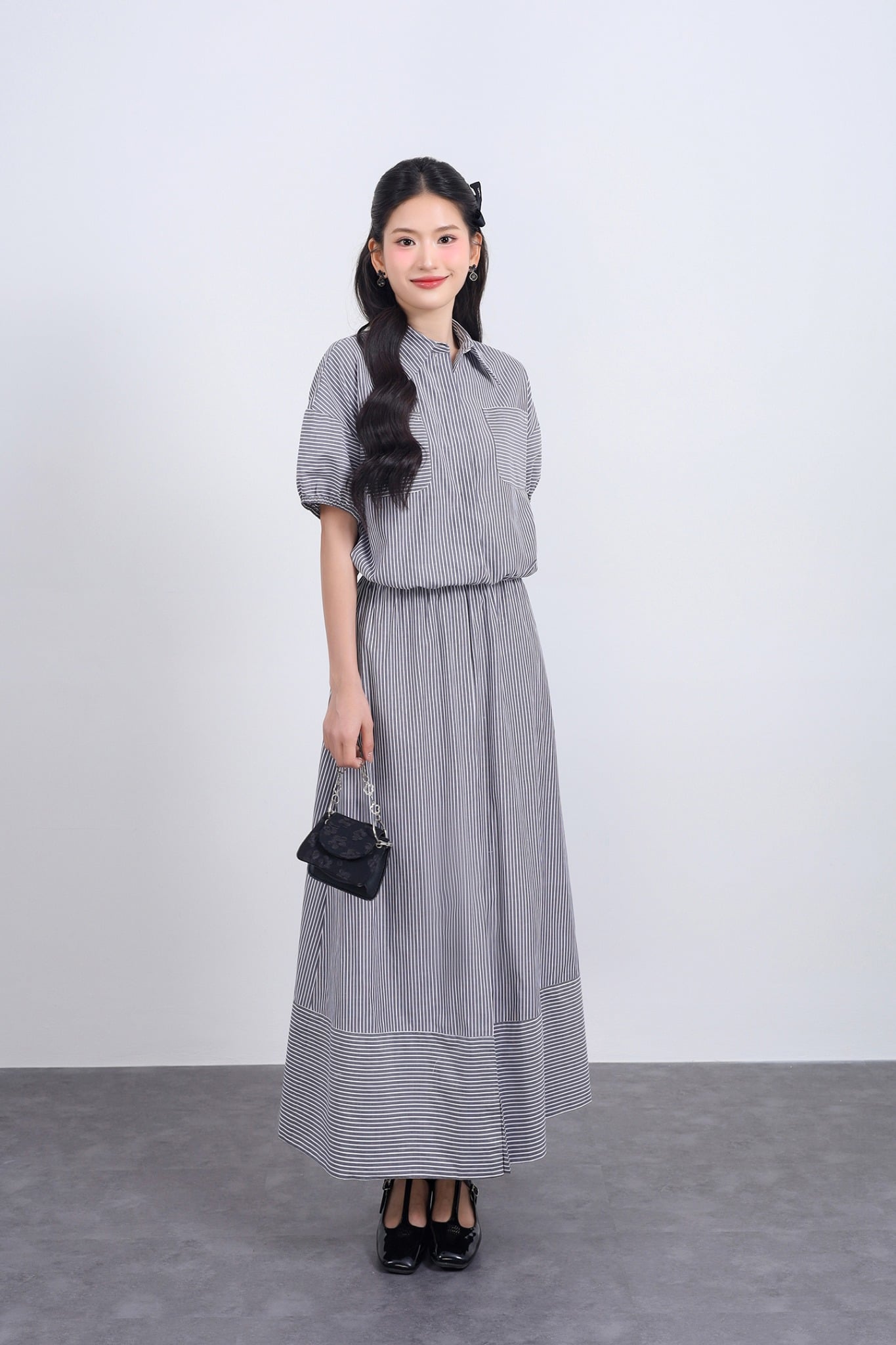 BAS33478 - Áo sơ mi vải thô kẻ dáng suông cổ đức tay bồng gấu áo phối dây rút tạo kiểu - JAN.