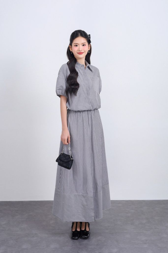 BAS33478 - Áo sơ mi vải thô kẻ dáng suông cổ đức tay bồng gấu áo phối dây rút tạo kiểu - JAN.
