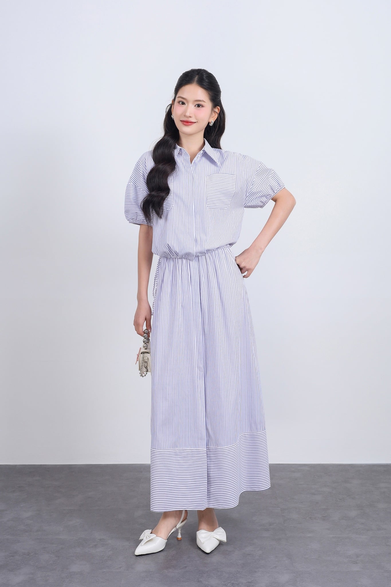 BJD33478 - Chân váy dài vải thô kẻ dáng suông cạp chun co giãn xẻ tà trước - JAN.