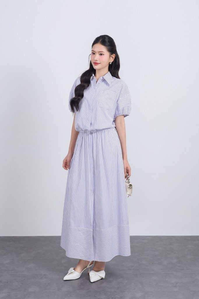 BJD33478 - Chân váy dài vải thô kẻ dáng suông cạp chun co giãn xẻ tà trước - JAN.