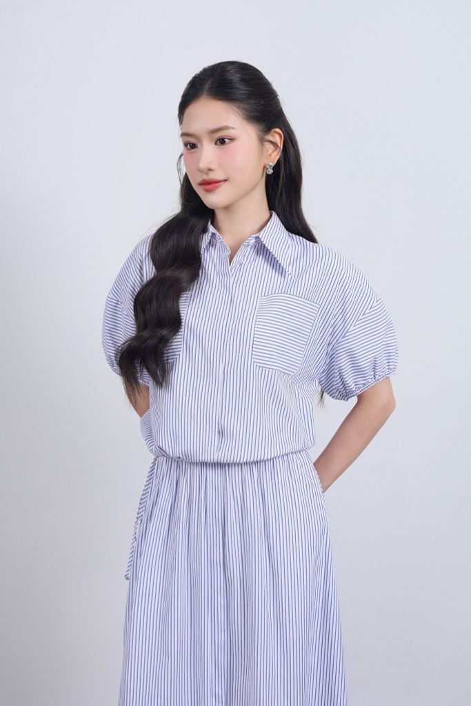 BAS33478 - Áo sơ mi vải thô kẻ dáng suông cổ đức tay bồng gấu áo phối dây rút tạo kiểu - JAN.