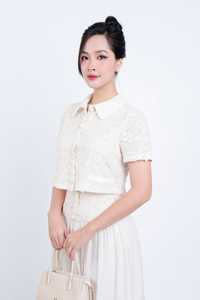 BJD34160 - Chân váy vải tơ dáng suông dài eo đáp cạp ren bản to phối khuy bọc tạo kiểu - PANTIO