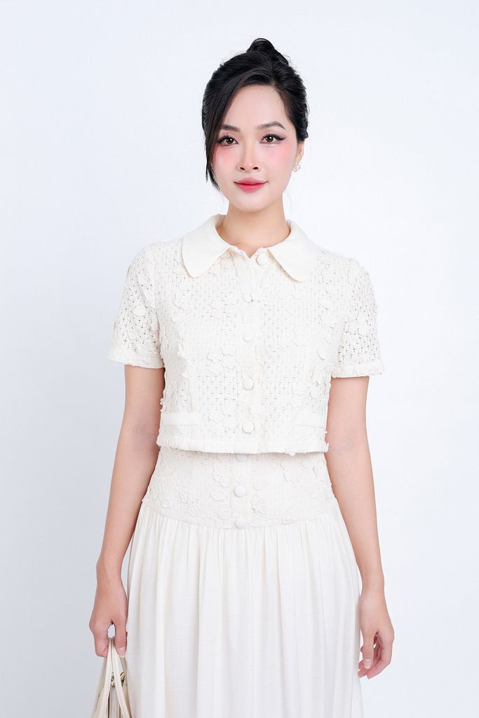 BJD34160 - Chân váy vải tơ dáng suông dài eo đáp cạp ren bản to phối khuy bọc tạo kiểu - PANTIO