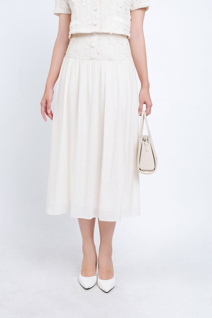 BJD34160 - Chân váy vải tơ dáng suông dài eo đáp cạp ren bản to phối khuy bọc tạo kiểu - PANTIO