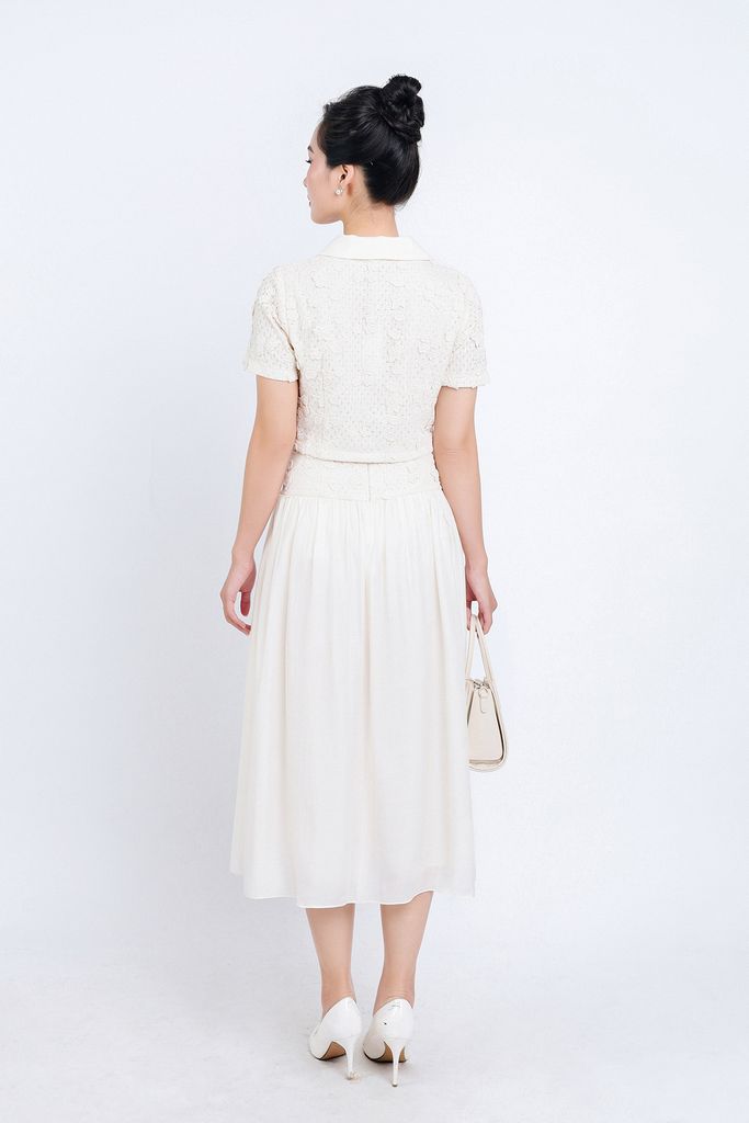 BJD34160 - Chân váy vải tơ dáng suông dài eo đáp cạp ren bản to phối khuy bọc tạo kiểu - PANTIO