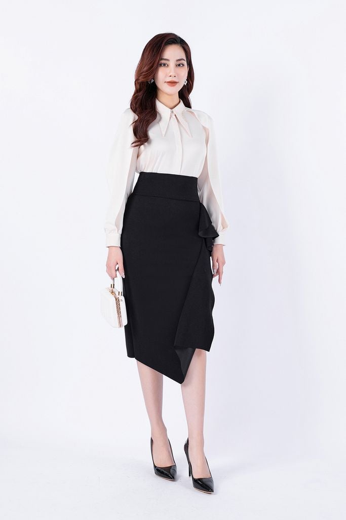 BAS52978 - Áo sơ mi công sở vải lụa dáng suông cổ đức kiểu đính đá tay phối vạt tạo kiểu - PANTIO