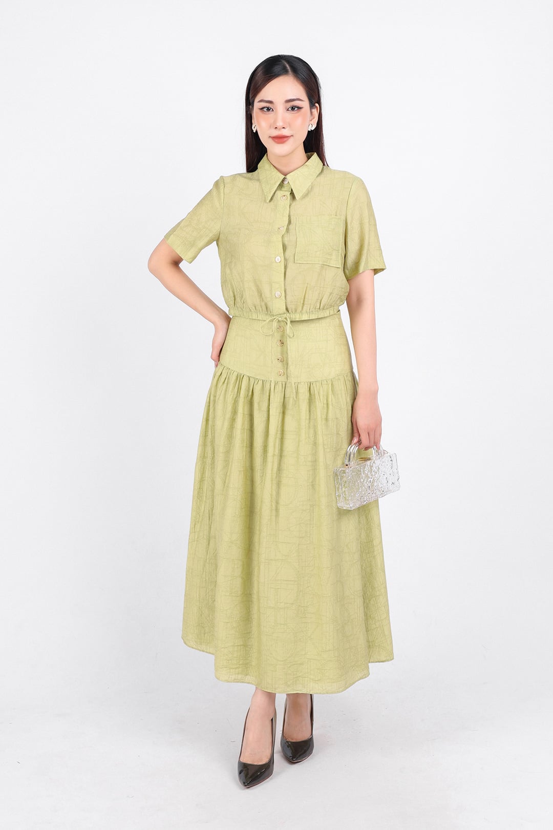 BJD53189 - Chân váy công sở vải thô mỏng hai lớp lót habutai dáng suông dài eo đáp cạp bản to phối khuy trang trí khoá thân sau - PANTIO