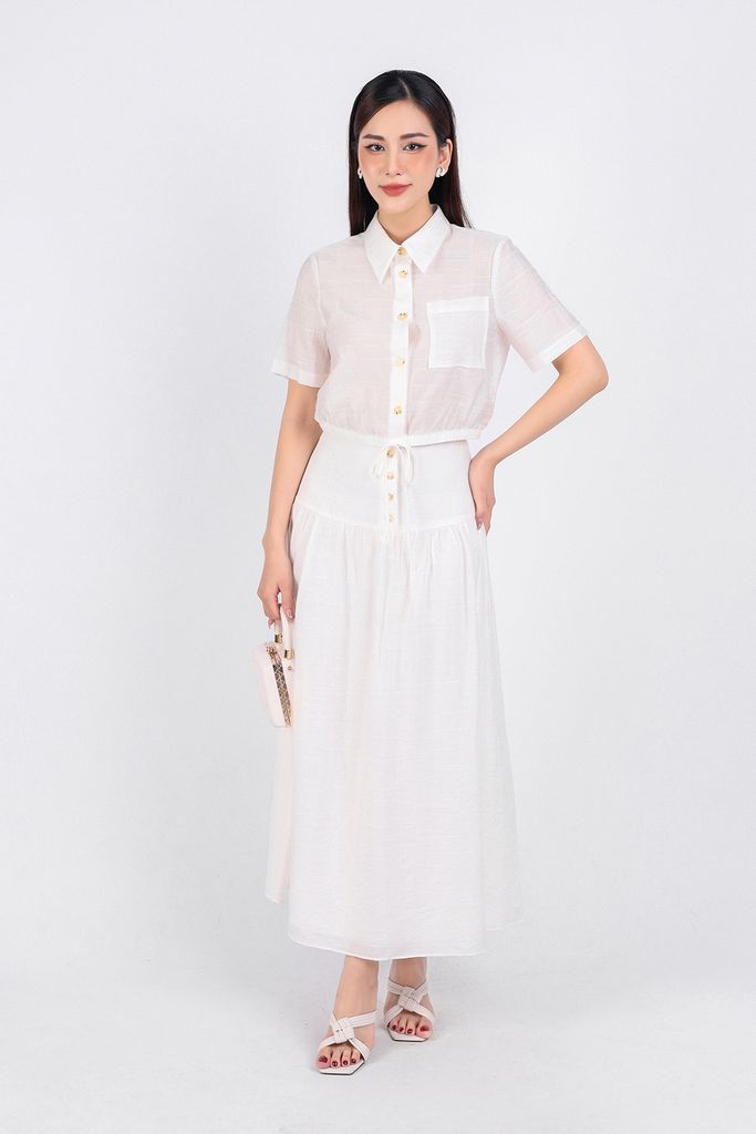 BAS53189 - Áo sơ mi công sở vải thô mỏng dáng lửng cổ đức có túi ngực áo cài khuy thân trước gấu áo bo chun - PANTIO