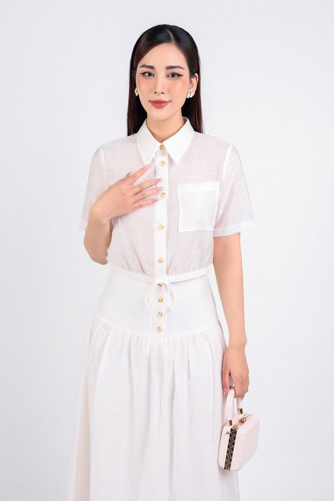 BJD53189 - Chân váy công sở vải thô mỏng hai lớp lót habutai dáng suông dài eo đáp cạp bản to phối khuy trang trí khoá thân sau - PANTIO